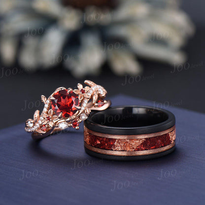 Black Tungsten & Sterling Silver| Round Natural Red Garnet Couple Ring Set| Nature-Inspired Design|His and Hers Wedding Ring|1CT Bridal Ring
