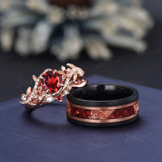 Black Tungsten & Sterling Silver| Round Natural Red Garnet Couple Ring Set| Nature-Inspired Design|His and Hers Wedding Ring|1CT Bridal Ring