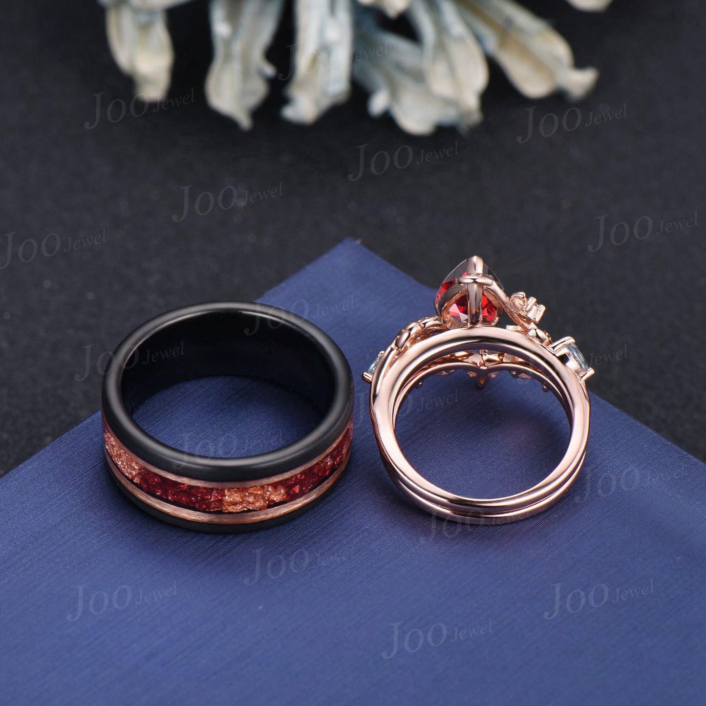 1.25CT Natural Pear Garnet Leaf Couple Wedding Ring | Black Tungsten & Sterling Silver| | Nature-Inspired Design|His and Hers Wedding Ring