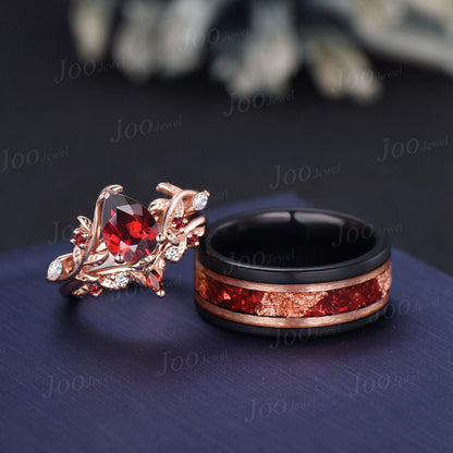 1.25CT Natural Pear Garnet Leaf Couple Wedding Ring | Black Tungsten & Sterling Silver| | Nature-Inspired Design|His and Hers Wedding Ring