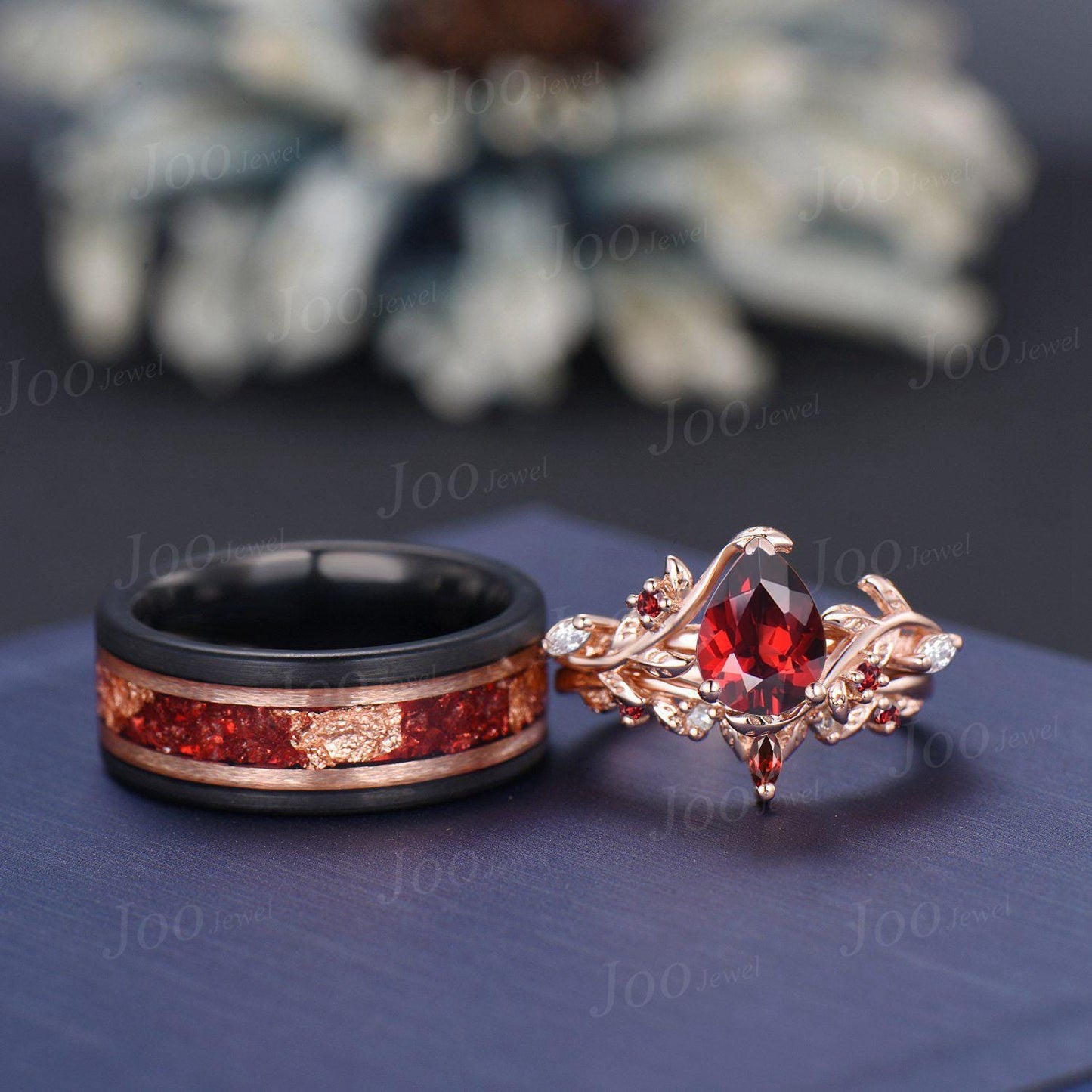 1.25CT Natural Pear Garnet Leaf Couple Wedding Ring | Black Tungsten & Sterling Silver| | Nature-Inspired Design|His and Hers Wedding Ring
