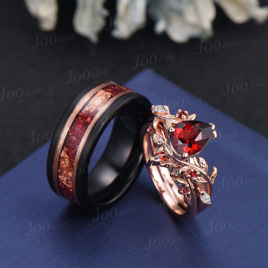 1.25CT Natural Pear Garnet Leaf Couple Wedding Ring | Black Tungsten & Sterling Silver| | Nature-Inspired Design|His and Hers Wedding Ring