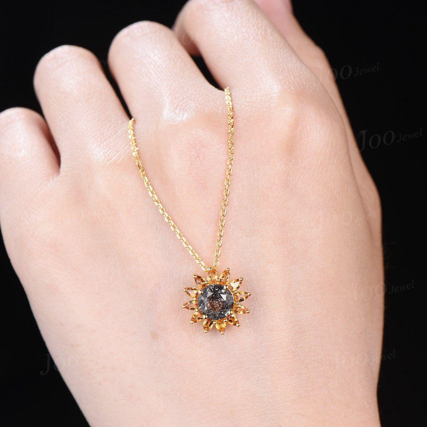 Sunflower Necklace Earrings Round Cut Natural Black Rutilated Quartz Citrine Halo Necklace -You Are My Sunshine Unique Birthday Gifts Women