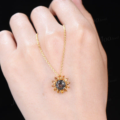 Sunflower Necklace Earrings Round Cut Natural Black Rutilated Quartz Citrine Halo Necklace -You Are My Sunshine Unique Birthday Gifts Women