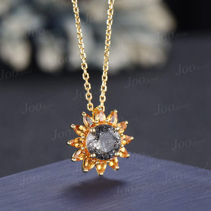 Sunflower Necklace Earrings Round Cut Natural Black Rutilated Quartz Citrine Halo Necklace -You Are My Sunshine Unique Birthday Gifts Women