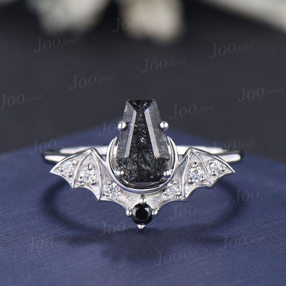 Coffin Bat Engagement Rings Retro Coffin Moon Natural Black Rutilated Quartz Wedding Ring Set Non-Traditional Black Gold Bridal Set Women