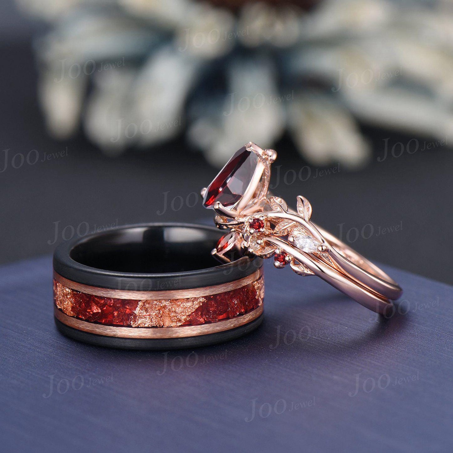 1.25CT Natural Pear Garnet Leaf Couple Wedding Ring | Black Tungsten & Sterling Silver| | Nature-Inspired Design|His and Hers Wedding Ring
