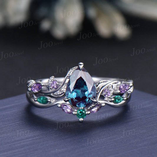 Nature Inspired Pear Cut Color-Change Alexandrite Bridal Ring with Amethyst Emerald Twig Vine Engagement Ring June Birthstone Wedding Gifts