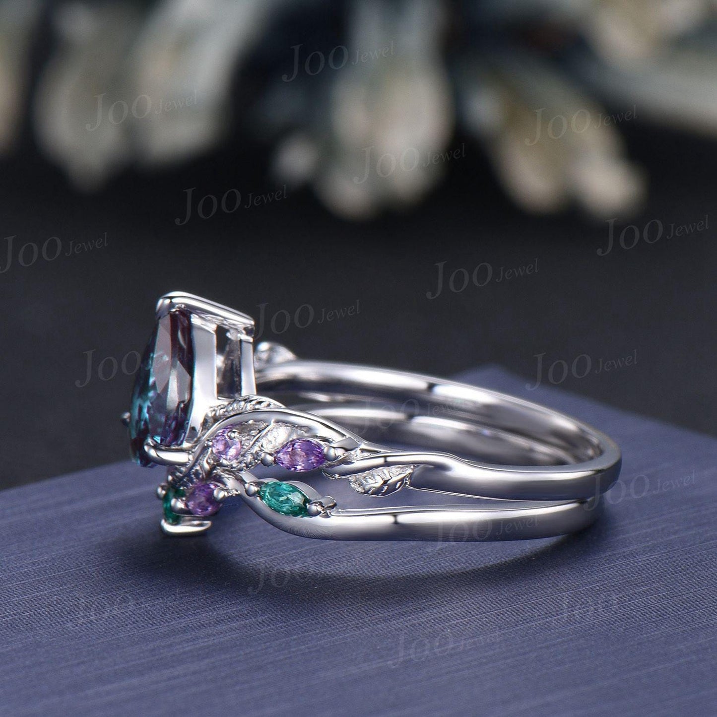 Nature Inspired Pear Cut Color-Change Alexandrite Bridal Ring with Amethyst Emerald Twig Vine Engagement Ring June Birthstone Wedding Gifts