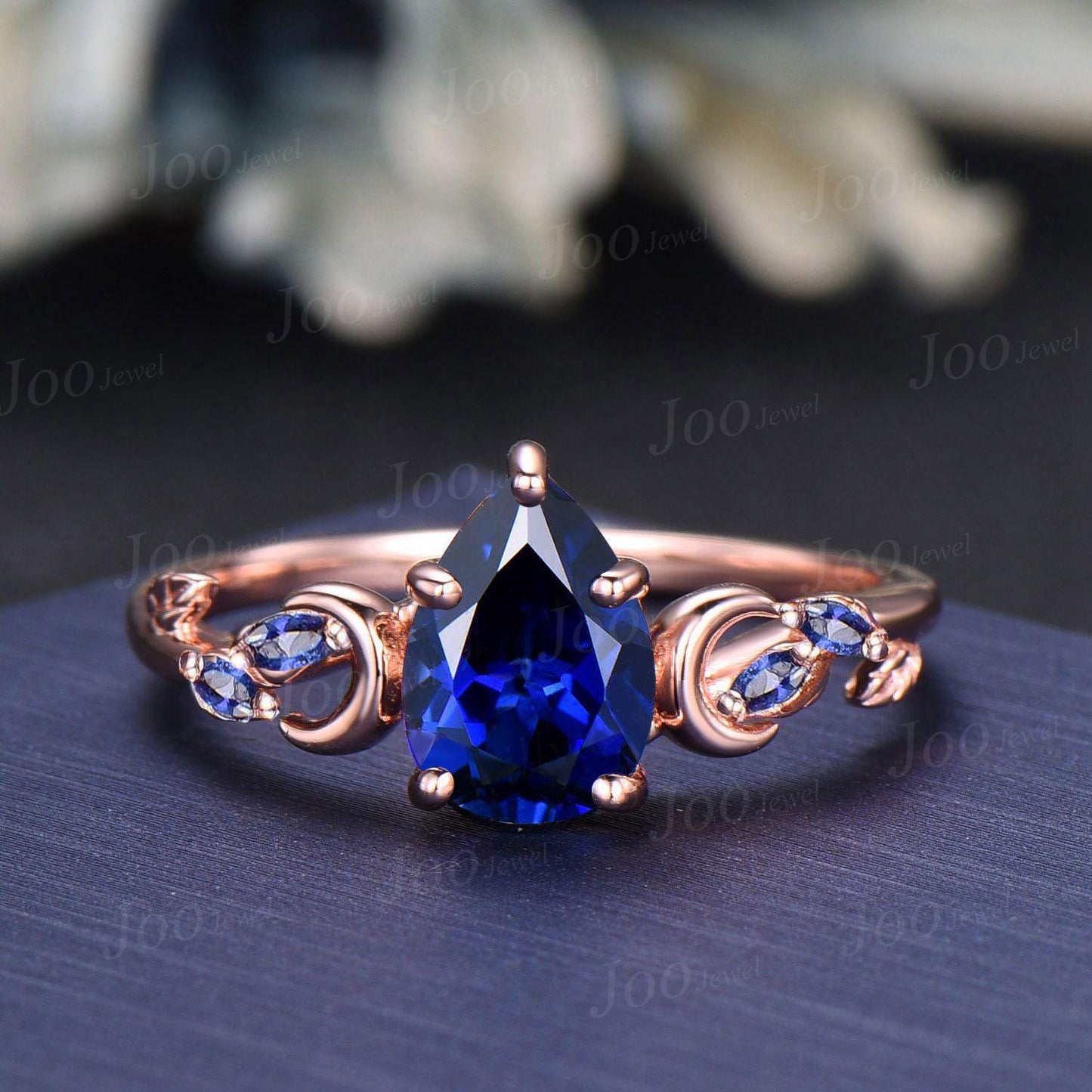 Pear Cut Blue Sapphire Opal Moon Leaf Engagement Ring, Rose Gold Blue Sapphire Wrap Bypass Enhancer Vine Band, Branch Bridal Set for Women