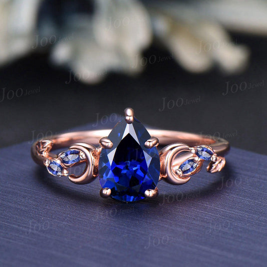 Pear Cut Blue Sapphire Opal Moon Leaf Engagement Ring, Rose Gold Blue Sapphire Wrap Bypass Enhancer Vine Band, Branch Bridal Set for Women