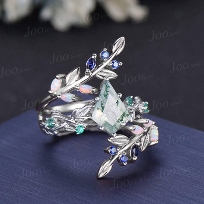 Kite Cut Natural Moss Agate Leaf Ring- Nature Themed Wedding Ring- Sapphire Opal Accent- Nature Inspired Bridal Ring- Enhancer Wedding Band