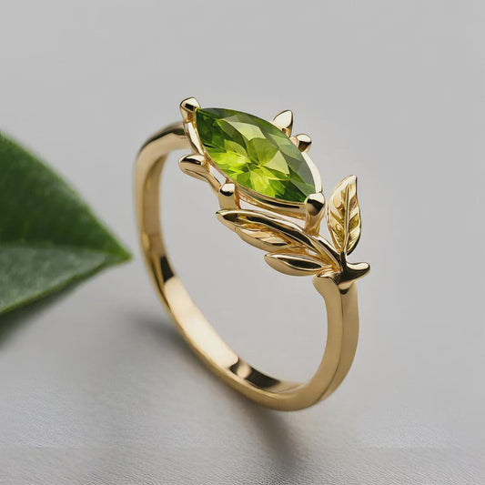 Marquise Cut Natural Green Peridot Leaf Ring 10K Solid  Gold Wedding Ring August Birthstone Personalized Anniversary/Birthday Gift for Women