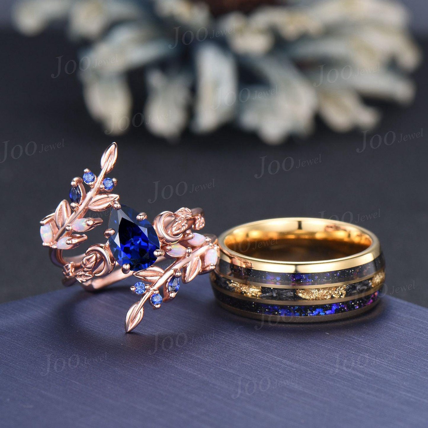 Blue Sapphire Opal Couple Leaf Wedding Ring Set | Pear Bridal Ring |Enhancer Leaf Band | Tungsten Promise Ring for Him| Valentine's Day Gift