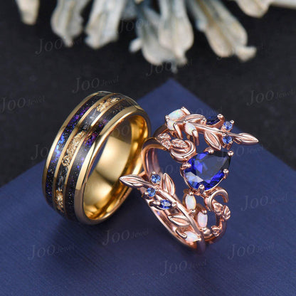 Blue Sapphire Opal Couple Leaf Wedding Ring Set | Pear Bridal Ring |Enhancer Leaf Band | Tungsten Promise Ring for Him| Valentine's Day Gift