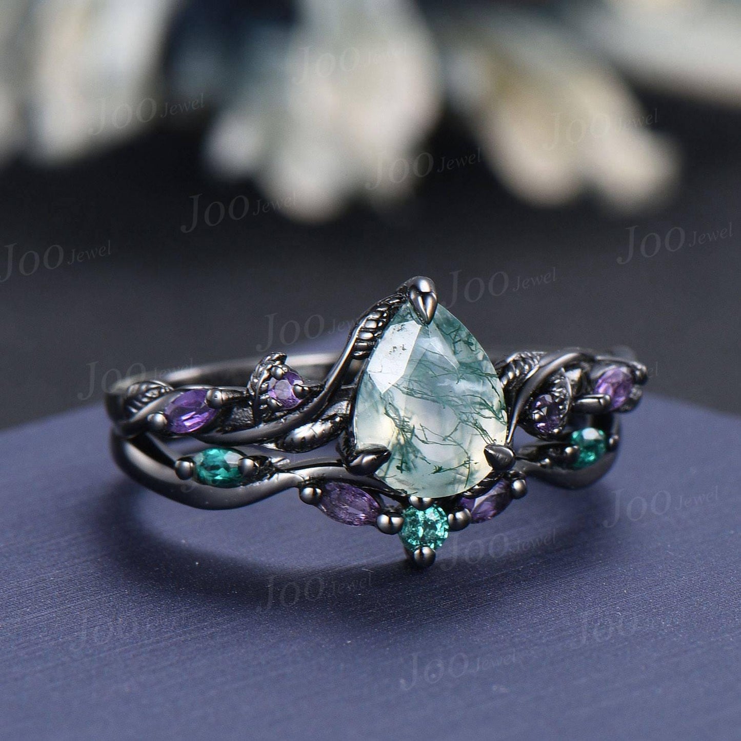 1.25ct Pear Natural Moss Agate and Amethyst Engagement Ring Set | Twig Vine Nature Inspired Wedding Ring | Gothic Black Promise Ring for Her