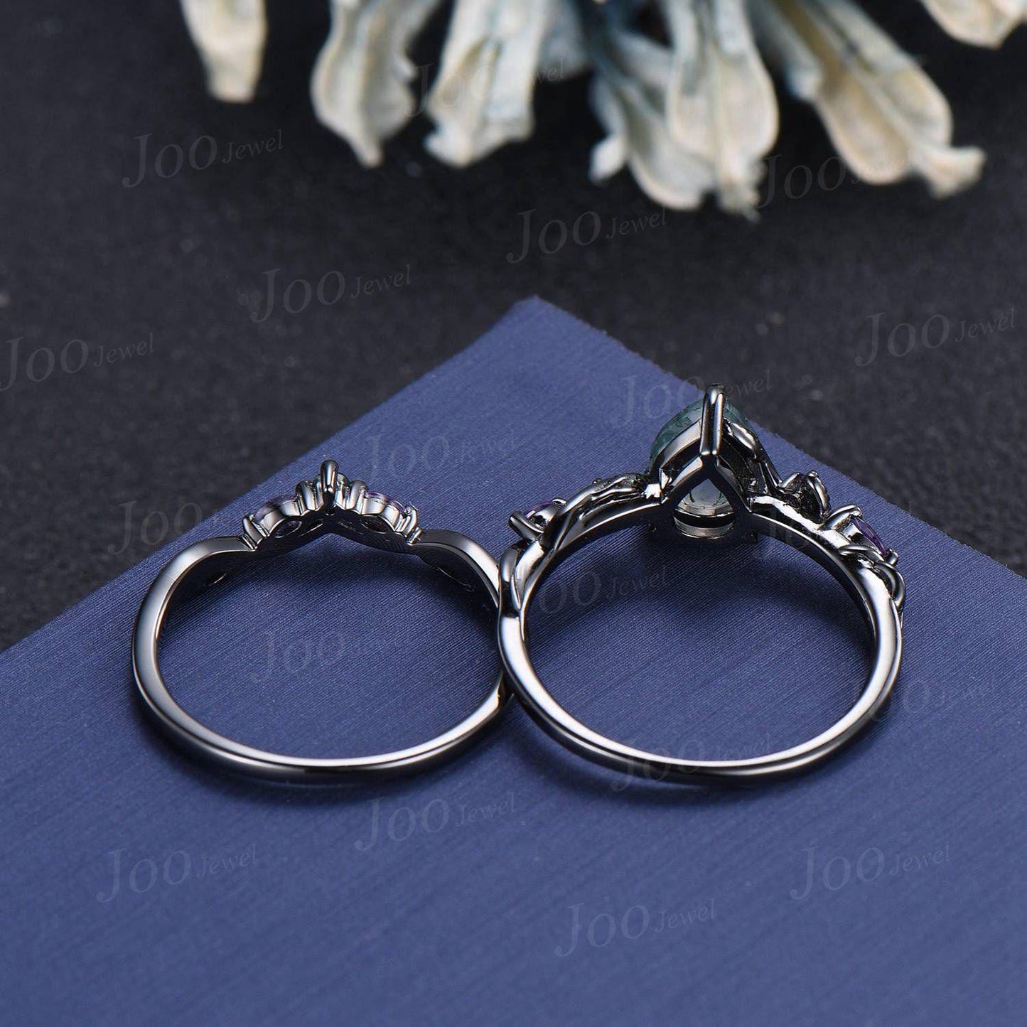1.25ct Pear Natural Moss Agate and Amethyst Engagement Ring Set | Twig Vine Nature Inspired Wedding Ring | Gothic Black Promise Ring for Her
