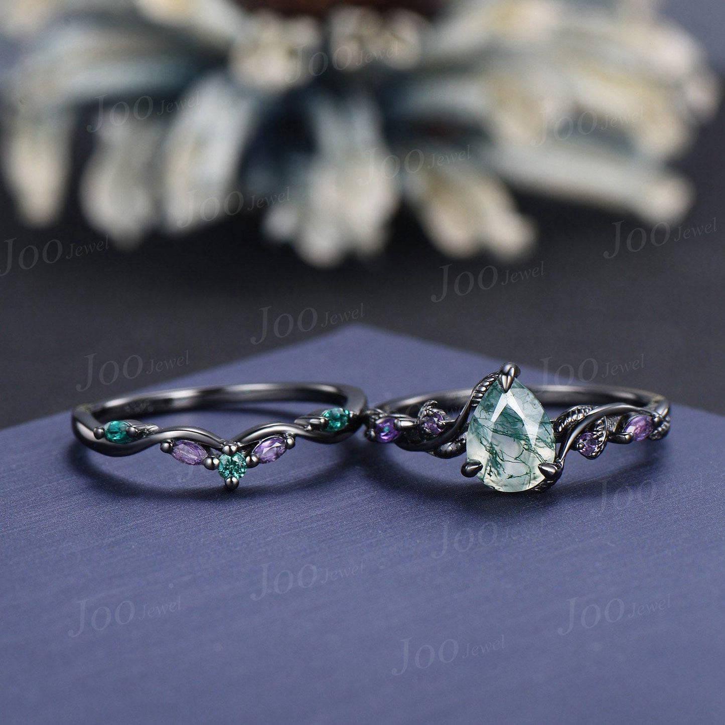 1.25ct Pear Natural Moss Agate and Amethyst Engagement Ring Set | Twig Vine Nature Inspired Wedding Ring | Gothic Black Promise Ring for Her
