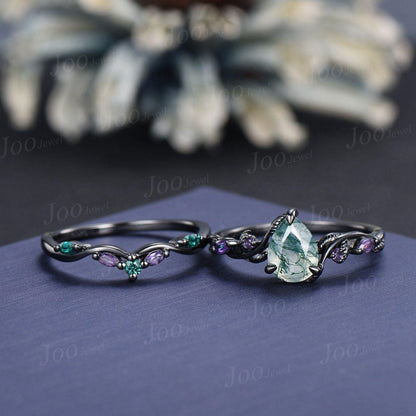 1.25ct Pear Natural Moss Agate and Amethyst Engagement Ring Set | Twig Vine Nature Inspired Wedding Ring | Gothic Black Promise Ring for Her