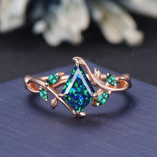 1ct Kite Cut Black Opal Ring | Infinity Leaf Emerald Ring | Twig Vine Black Opal Engagement Ring for Women | Nature Themed Wedding Jewelry