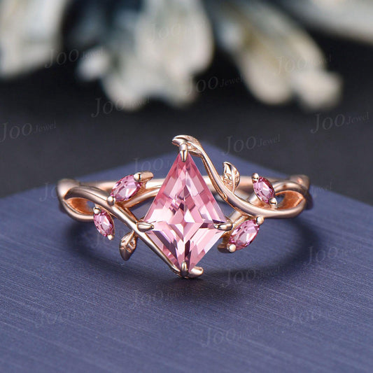 1ct Kite Cut Padparadscha Pink Sapphire Infinity Engagement Ring Leaf Vine Pink Tourmaline Wedding Bridal Ring Nature Themed Wedding Jewelry