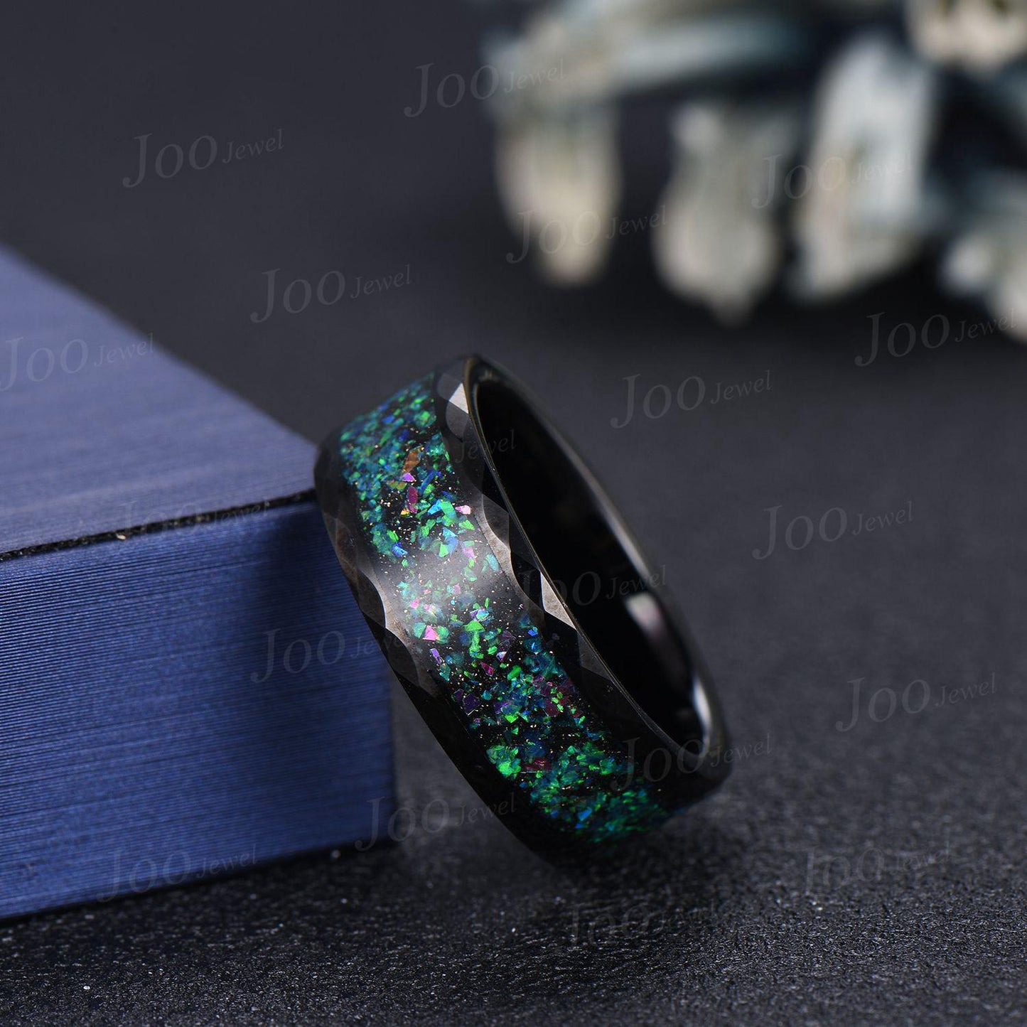 8mm Mens Black Tungsten No-Fading Promise Ring Hammered Design Black Wedding Band Black Opal Inlay Engagement Ring Comfort-Fit Band for Men