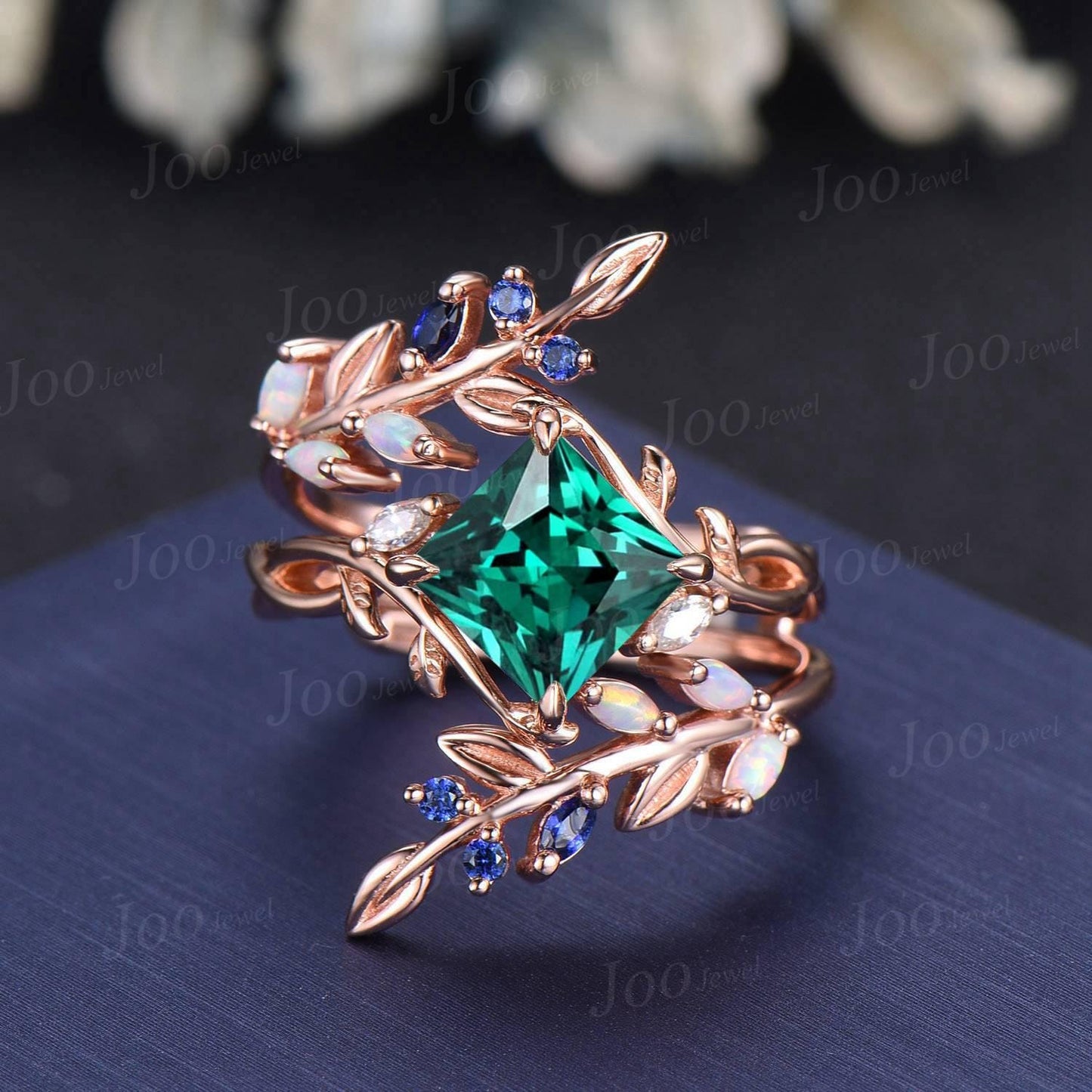 2ct Princess Cut Green Emerald Leaf Wedding Ring Set Olive Leaf Wrap Opal Sapphire Cross Enhancer Band for Women Nature Inspired Bridal Set