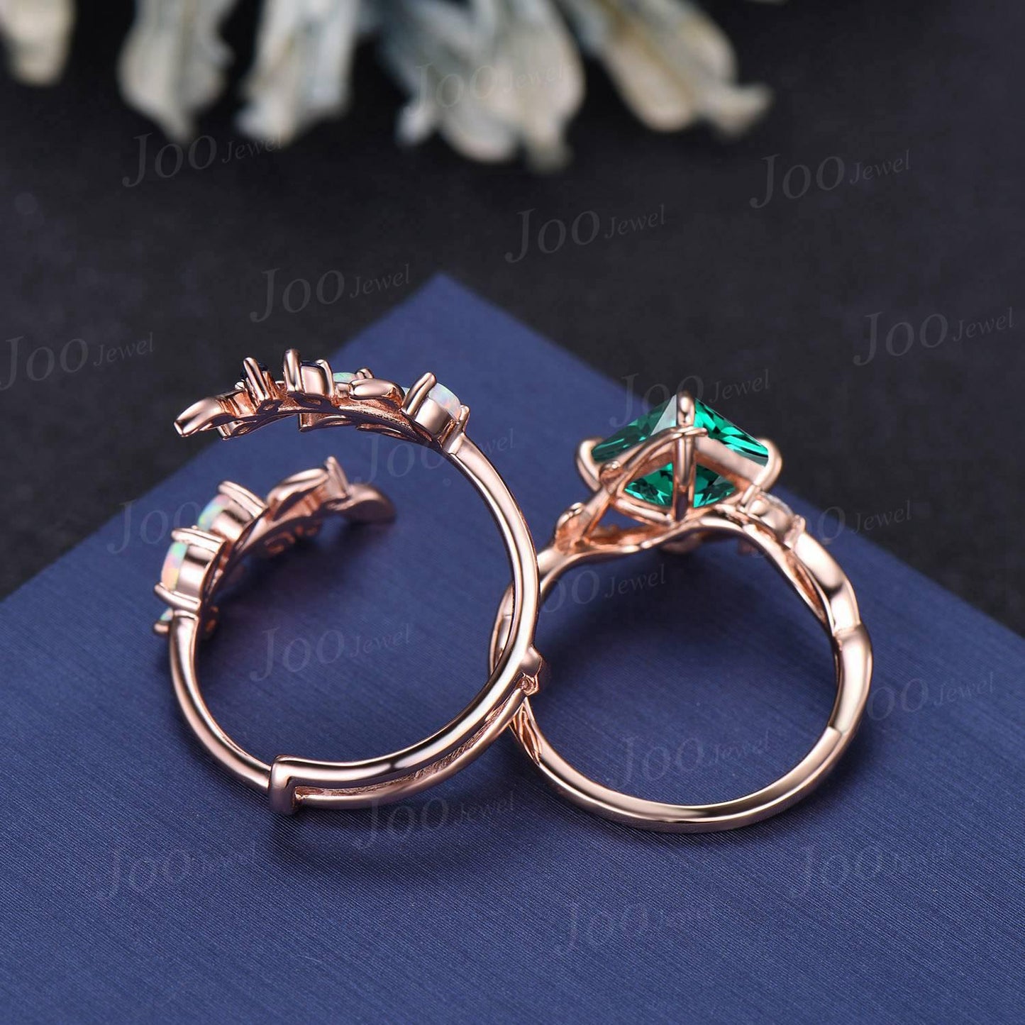 2ct Princess Cut Green Emerald Leaf Wedding Ring Set Olive Leaf Wrap Opal Sapphire Cross Enhancer Band for Women Nature Inspired Bridal Set