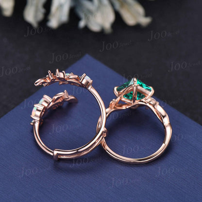 2ct Princess Cut Green Emerald Leaf Wedding Ring Set Olive Leaf Wrap Opal Sapphire Cross Enhancer Band for Women Nature Inspired Bridal Set