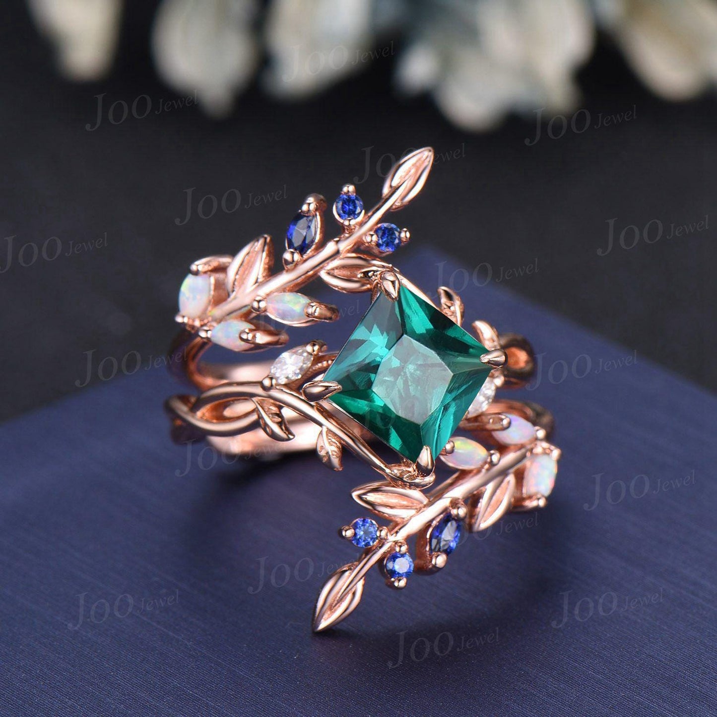 2ct Princess Cut Green Emerald Leaf Wedding Ring Set Olive Leaf Wrap Opal Sapphire Cross Enhancer Band for Women Nature Inspired Bridal Set