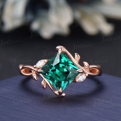 2ct Princess Cut Green Emerald Leaf Wedding Ring Set Olive Leaf Wrap Opal Sapphire Cross Enhancer Band for Women Nature Inspired Bridal Set