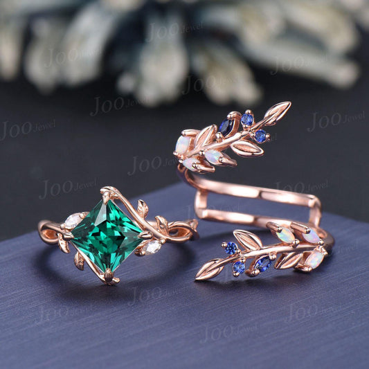 2ct Princess Cut Green Emerald Leaf Wedding Ring Set Olive Leaf Wrap Opal Sapphire Cross Enhancer Band for Women Nature Inspired Bridal Set