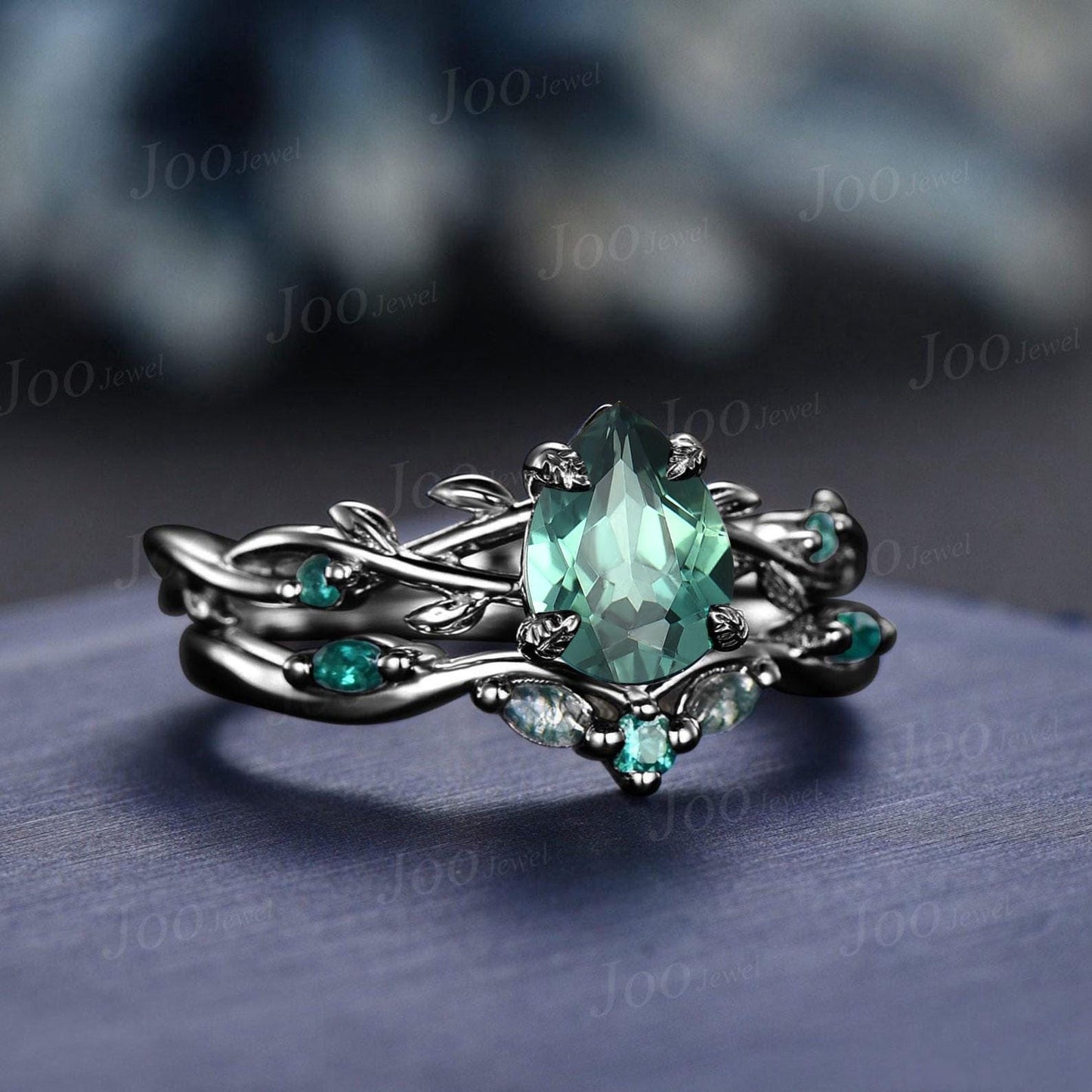 Black Gold Green Sapphire Engagement Ring 1.25ct Twig Vine Pear Blue Montana Teal Sapphire Wedding Ring Set Goth Black Promise Ring Women