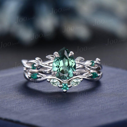 Black Gold Green Sapphire Engagement Ring 1.25ct Twig Vine Pear Blue Montana Teal Sapphire Wedding Ring Set Goth Black Promise Ring Women
