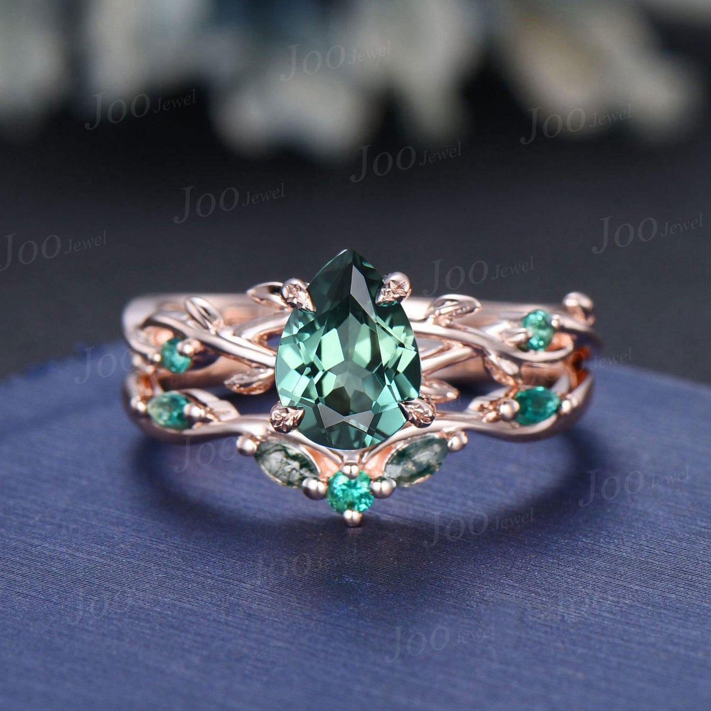 Black Gold Green Sapphire Engagement Ring 1.25ct Twig Vine Pear Blue Montana Teal Sapphire Wedding Ring Set Goth Black Promise Ring Women