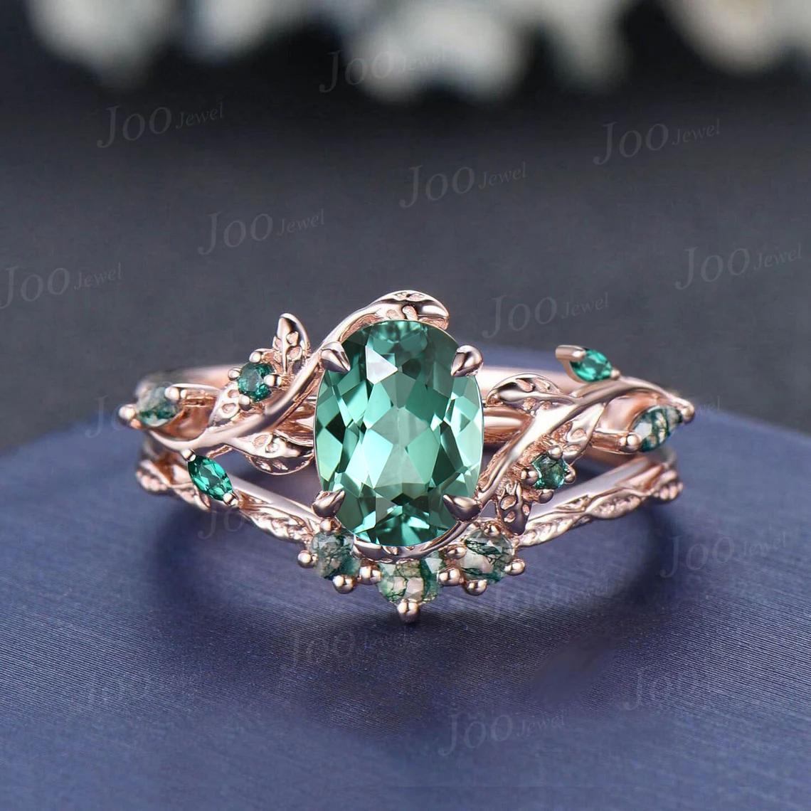 1.5ct Oval Cut Green Teal Sapphire Cluster Bridal Ring Set Rose Gold Leaf Engagement Ring Green Wedding Ring Moss Agate Wedding Band Women