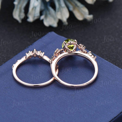 1.5ct Oval Cut Natural Green Peridot Engagement Ring Set-Forest Wedding Rings-Emerald & Moss Agate Accent- Boho Holiday Bride Jewelry 2pcs