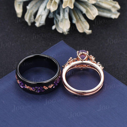 2PCS Natural Oval Lavender Amethyst Leaf Ring Set |No-Fade Black Tungsten Meteorite Wedding Band for Men | Matching Promise Rings Couple Set