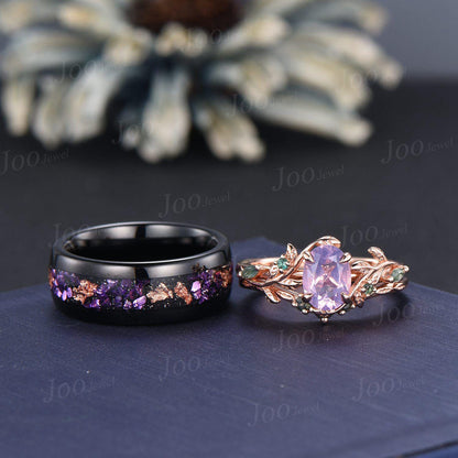 2PCS Natural Oval Lavender Amethyst Leaf Ring Set |No-Fade Black Tungsten Meteorite Wedding Band for Men | Matching Promise Rings Couple Set