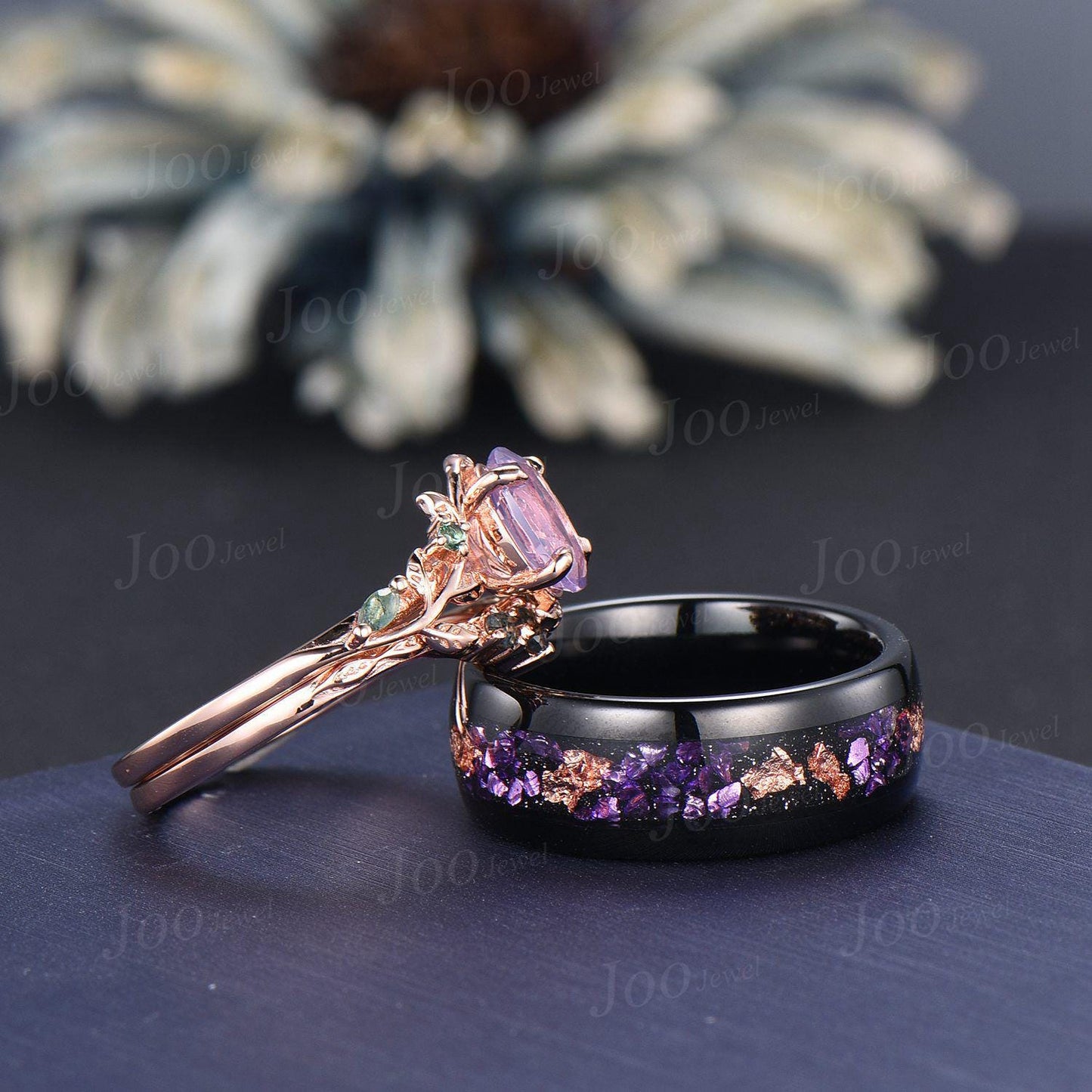 2PCS Natural Oval Lavender Amethyst Leaf Ring Set |No-Fade Black Tungsten Meteorite Wedding Band for Men | Matching Promise Rings Couple Set