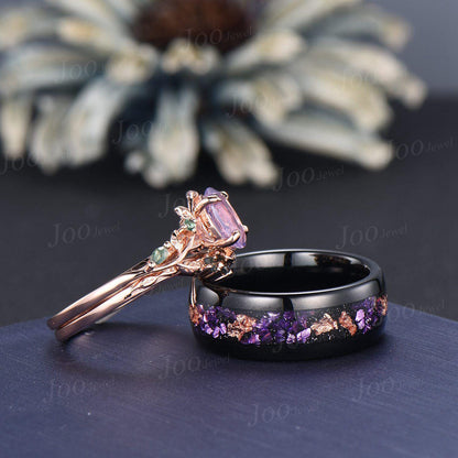 2PCS Natural Oval Lavender Amethyst Leaf Ring Set |No-Fade Black Tungsten Meteorite Wedding Band for Men | Matching Promise Rings Couple Set