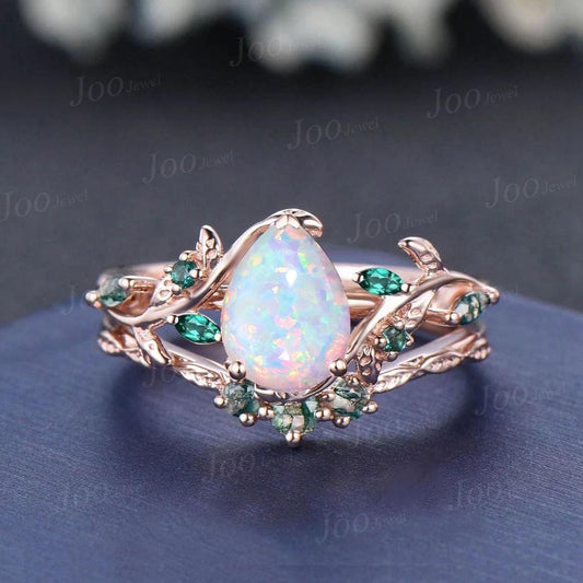 1.25ct Teardrop White Opal Engagement Ring Rose Gold | Emerald Vine Branch Rings | Moss Agate Wedding Band | Unique Opal Bridal Set for Her