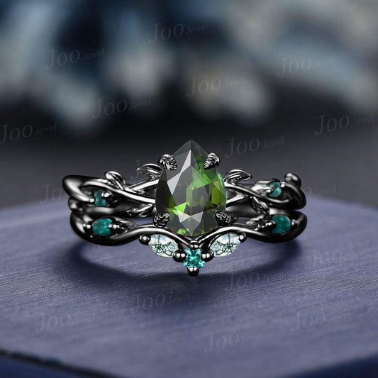1.25ct Pear Cut Natural Green Tourmaline Emerald Engagement Ring Twig Vine Agate Wedding Ring Set Non-traditional Black Promise Ring Women