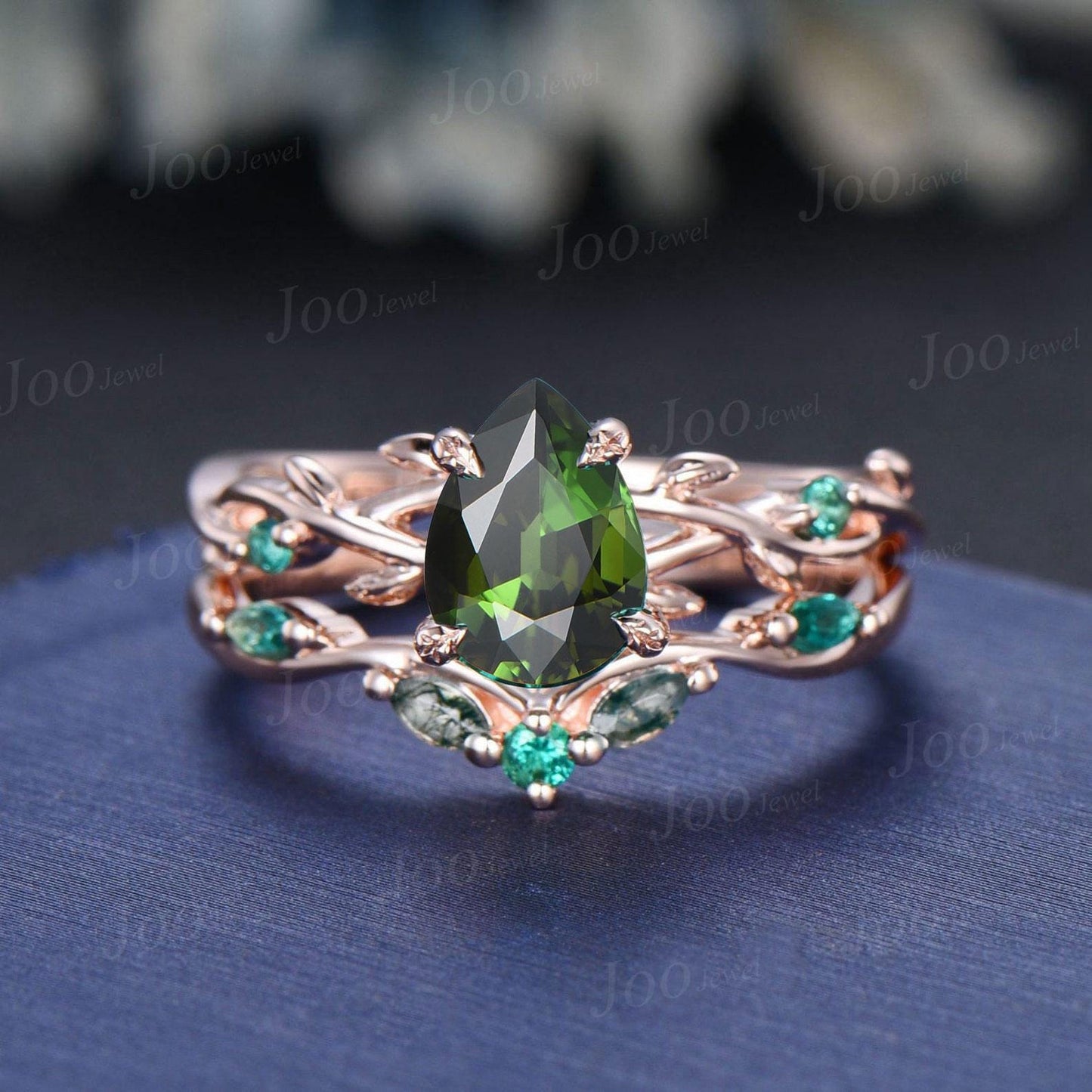 1.25ct Pear Cut Natural Green Tourmaline Emerald Engagement Ring Twig Vine Agate Wedding Ring Set Non-traditional Black Promise Ring Women
