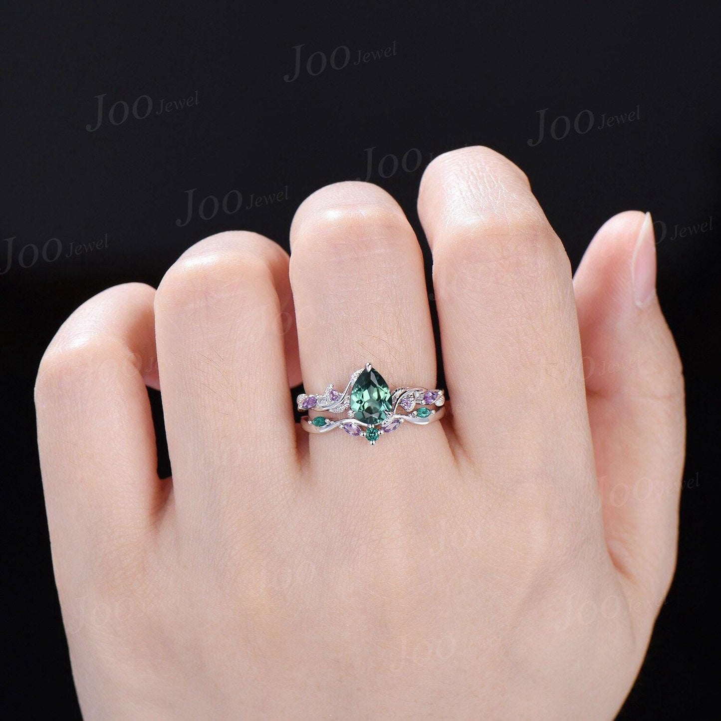 1.25ct Teardrop Cut Green Teal Sapphire Amethyst Forest Bridal Ring Sterling Silver Engagement Ring Green Emerald Wedding Band for Women