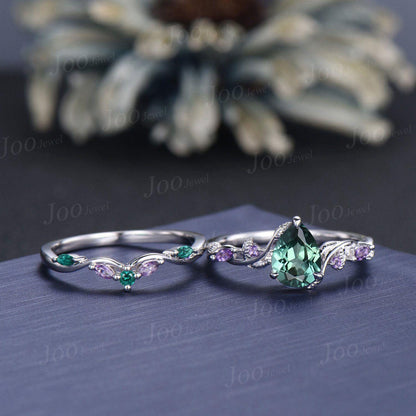 1.25ct Teardrop Cut Green Teal Sapphire Amethyst Forest Bridal Ring Sterling Silver Engagement Ring Green Emerald Wedding Band for Women