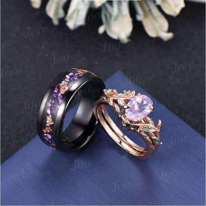 2PCS Natural Oval Lavender Amethyst Leaf Ring Set |No-Fade Black Tungsten Meteorite Wedding Band for Men | Matching Promise Rings Couple Set