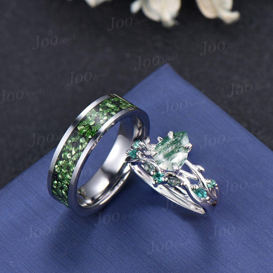 Sterling Silver Natural Pear Cut Moss Agate Twig Vine Couple Ring Set Nature Inspired Wedding Ring Men Tungsten Ring Unique Matching Ring
