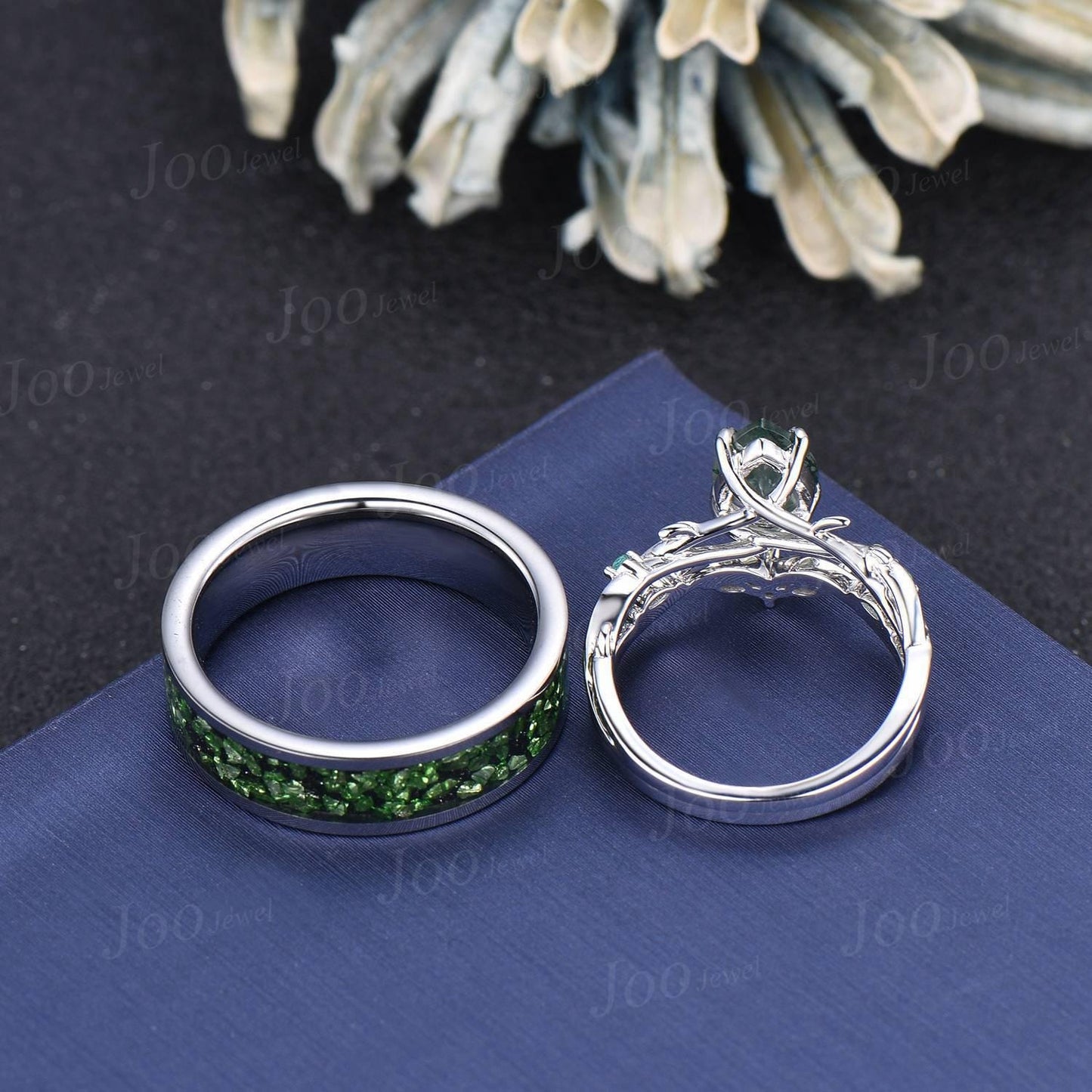 Sterling Silver Natural Pear Cut Moss Agate Twig Vine Couple Ring Set Nature Inspired Wedding Ring Men Tungsten Ring Unique Matching Ring