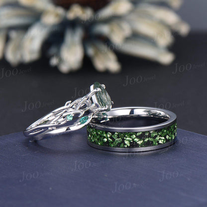 Sterling Silver Natural Pear Cut Moss Agate Twig Vine Couple Ring Set Nature Inspired Wedding Ring Men Tungsten Ring Unique Matching Ring